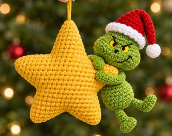 Xmas Star with Monster Hanging Crochet PDF Pattern - Easy Crochet Funny Xmas Ornaments Tree Decor - Mini Thief Star Xmas Crochet Tutorial