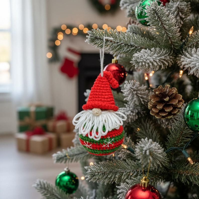 Christmas Gnome Ball Crochet Pattern, How to Crochet Gnome Ornament Xmas Tree Decoration, Crochet Christmas Ball Home Decor image 5