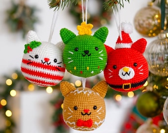 4in1 Christmas Cat Ball Crochet PDF Pattern - Cute Crochet Bundle Xmas Bauble Easy Tutorial - Crochet Christmas Tree Ornament Amigurumi