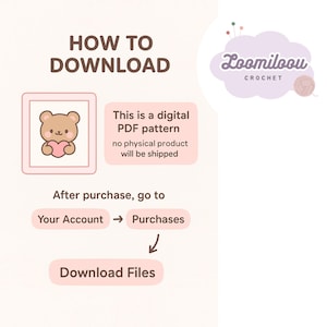 K&ouml;nnte beinhalten: Eine hellrosa Grafik mit Anweisungen zum Herunterladen eines digitalen PDF-Musters. Der Text lautet &bdquo;So laden Sie herunter&ldquo; und enth&auml;lt eine niedliche B&auml;renillustration. Die Anweisungen leiten Benutzer zu ihrem Konto, dann zu K&auml;ufen und schlie&szlig;lich zum Herunterladen von Dateien.