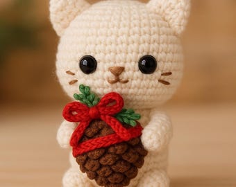 Cat with Pinecone Crochet Pattern - Cute Christmas Ornament Crochet Amigurumi - Cat Xmas Plush Crochet - Cute Cat Christmas Tree Decoration