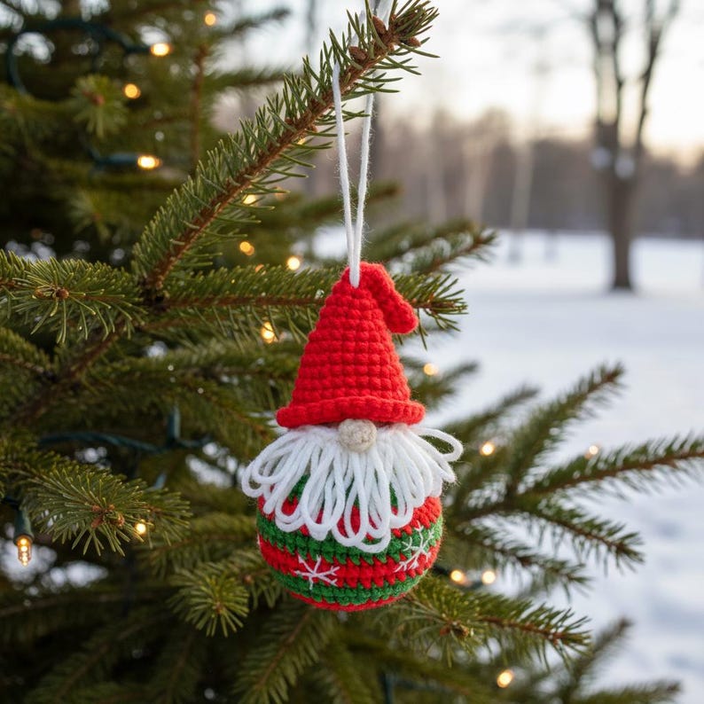 Christmas Gnome Ball Crochet Pattern, How to Crochet Gnome Ornament Xmas Tree Decoration, Crochet Christmas Ball Home Decor image 8