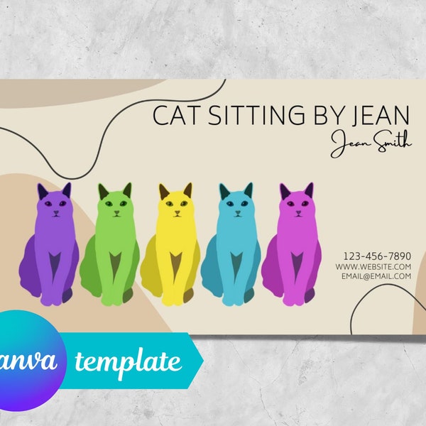 2 Sided Business Card Template - Editable Canva Business Card Design - Cat Sitter - Cat Sitting Business - Cat Themed Pet Simple Colorful