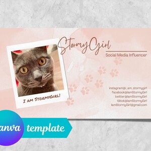 猫/ペットのインフルエンサー - 片面名刺テンプレート - 編集可能な Canva 名刺デザイン - 猫のソーシャルメディア - 猫のビジネス - ペット - ピンク