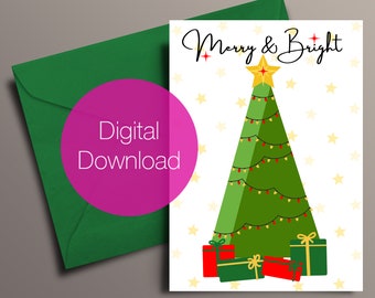 Merry & Bright Holiday Christmas 5x7 digital download card Christmas Tree Presents Winter Noel Retro Clean Minimal Star Celebrate Wishes