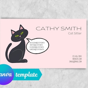 Modèle de carte de visite - Conception de carte de visite Canva modifiable - Cat Sitter - Cat Sitting Business - Cat Themed Pink
