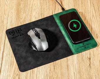 レザーマウスパッド - カスタムマウスパッド、パーソナライズされた携帯電話充電器、カスタムレザー充電マット、お父さんへのプレゼント、男性用マウスパッド、上司へのプレゼント