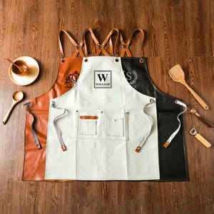 Personalized Bar Apron, PU Leather Workshop Apron with Pockets, Custom Gift for Him, Engraved Kitchen Apron, Barbeque Apron, Bartender Apron