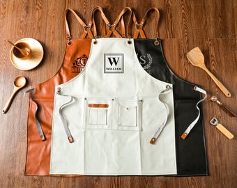Personalized Bar Apron, PU Leather Workshop Apron with Pockets, Custom Gift for Him, Engraved Kitchen Apron, Barbeque Apron, Bartender Apron