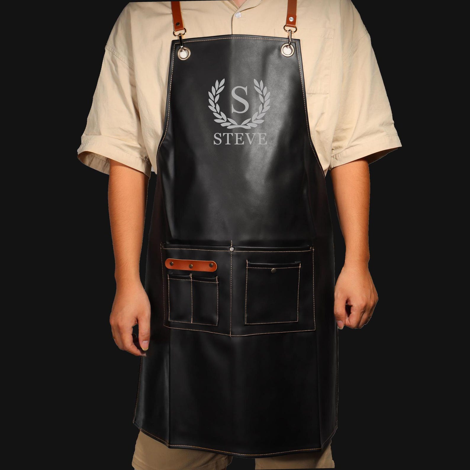 Premium Handcrafted Top Grain Leather Bar Apron With Pockets And Crossback Straps For Bartenders