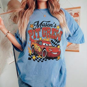 Retro Pit Crew Mama Lightning McQueen Birthday Shirt, Family Matching Disneycars Tee Blue Jean (Comfort)