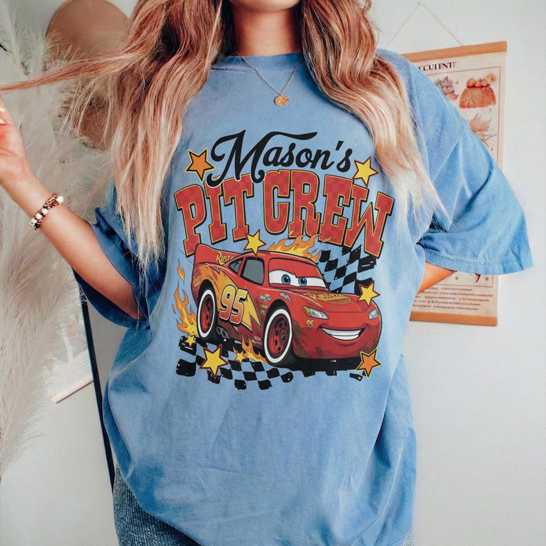 Retro Pit Crew Mama Lightning McQueen Birthday Shirt, Family Matching Disneycars Tee Blue Jean (Comfort)