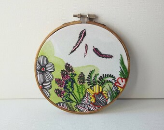 pink hoop art Mural art Bouche cousue gift party embroidery heart home decor leafs,