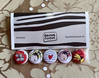 Magnets, friends, Bouche cousue, asian girls, friendship, made in Canada, gift for kids, poetic gift, flower, heart, collection, kids gift,