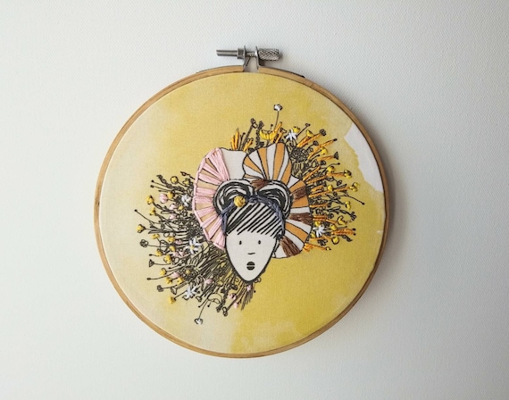 pink hoop art Mural art Bouche cousue gift party embroidery heart home decor leafs,