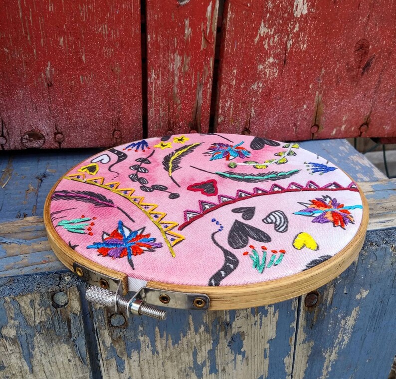 pink hoop art Mural art Bouche cousue gift party embroidery heart home decor leafs,