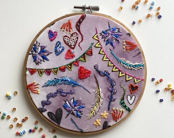 Mural art, hoop art, Bouche cousue, gift, home decor, Valentine, lilac, embroidery, heart, leafs,  art, birthday gift, art, gift decoration