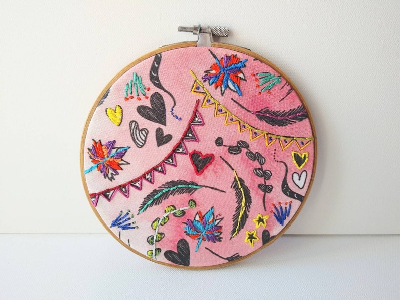 pink hoop art Mural art Bouche cousue gift party embroidery heart home decor leafs,