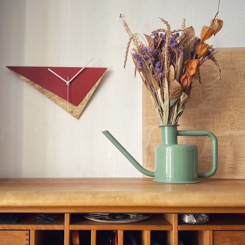 Red Triangle Wall Clock: Geometric Modernist Art, Handmade Linoleum ...