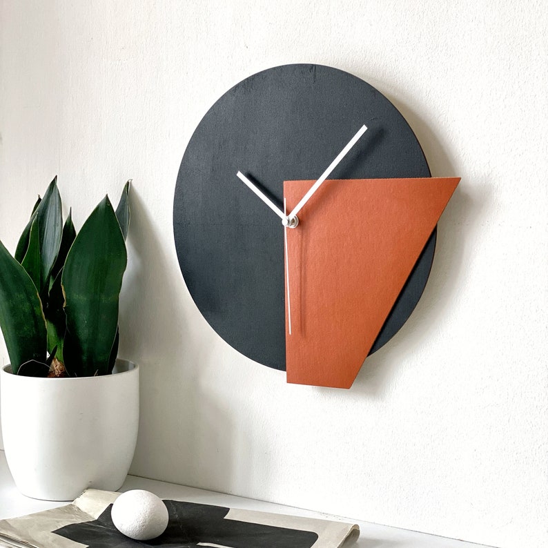 Abstract Wall Clock: Orange & Black Geometric Design, Handmade in ...