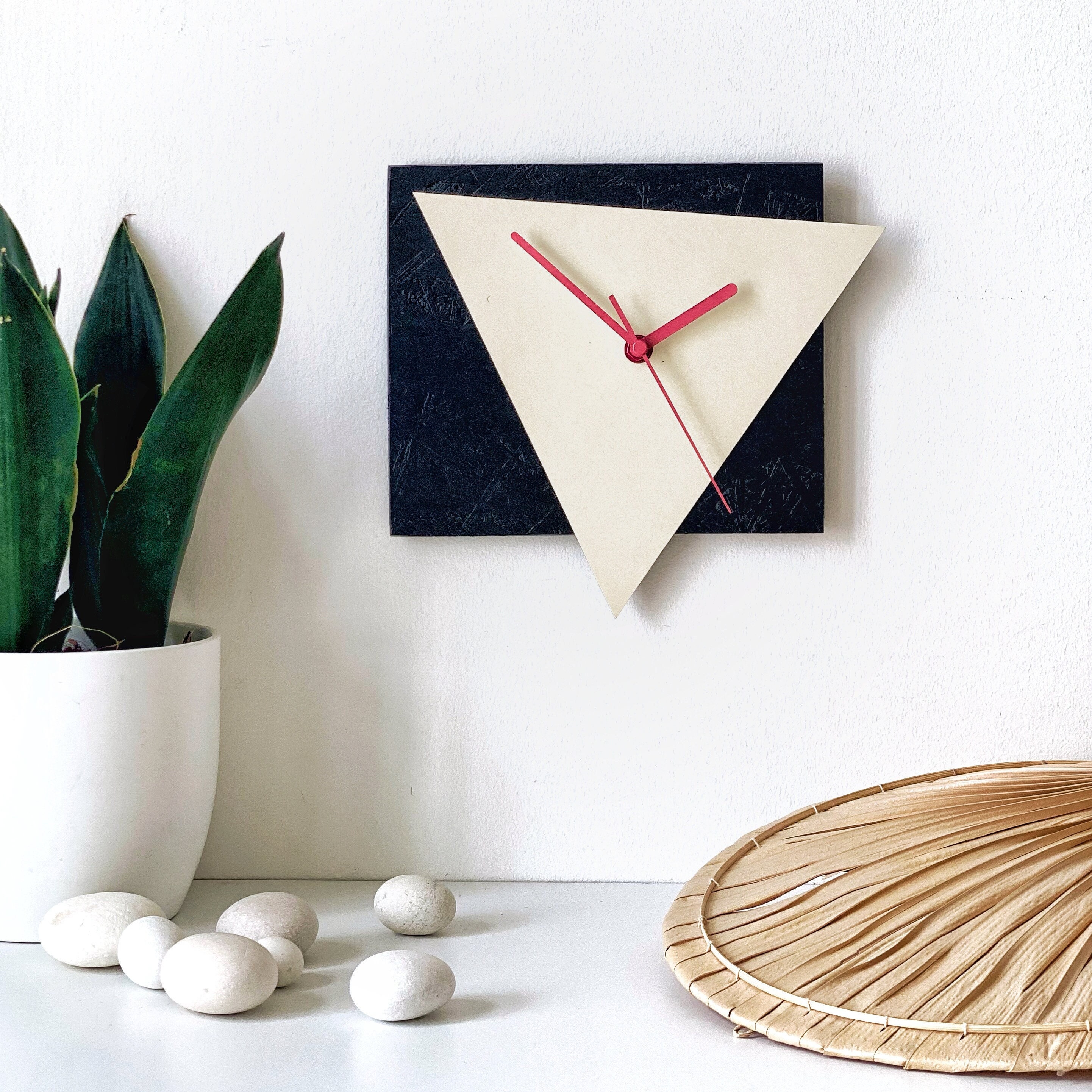 Geometric Triangle Wall Clock: Modernist Wood Decor With Pink Hands - Etsy