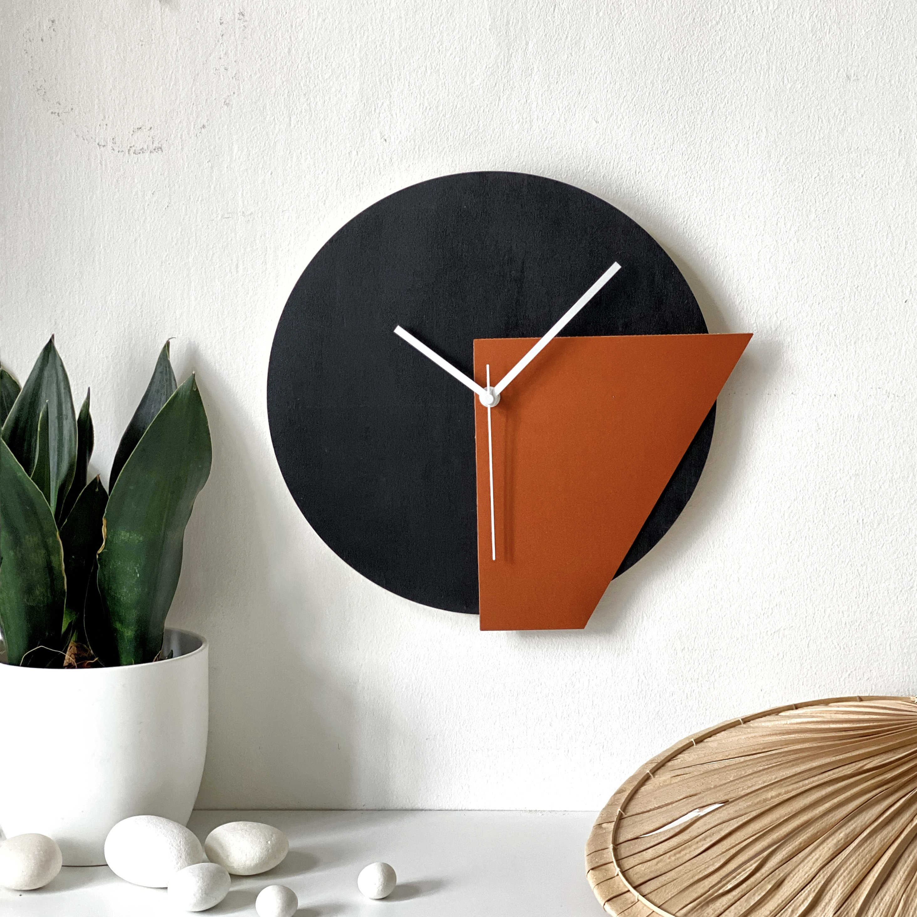 Abstract Wall Clock: Orange & Black Geometric Design, Handmade in ...