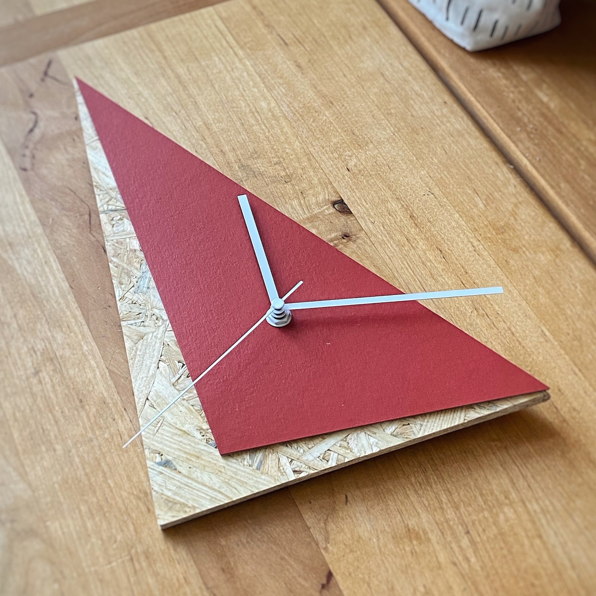 Red Triangle Wall Clock: Geometric Modernist Art, Handmade Linoleum ...