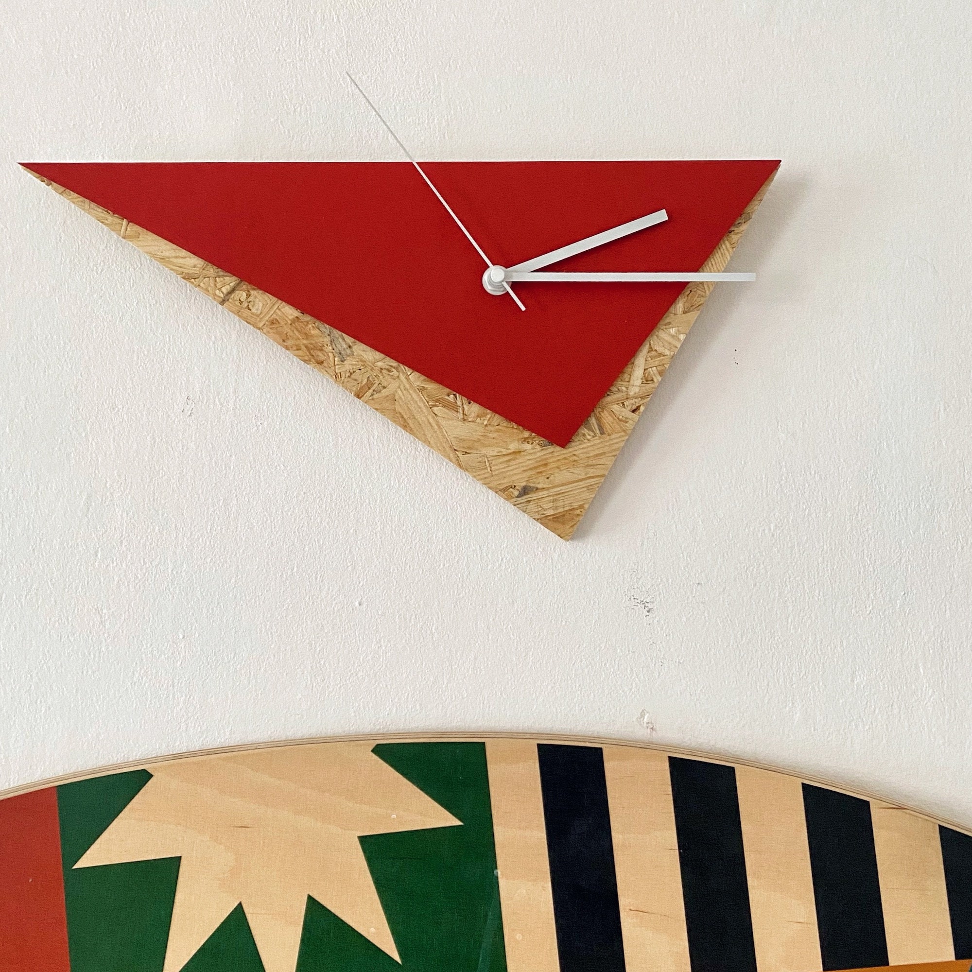 Red Triangle Wall Clock: Geometric Modernist Art, Handmade Linoleum ...