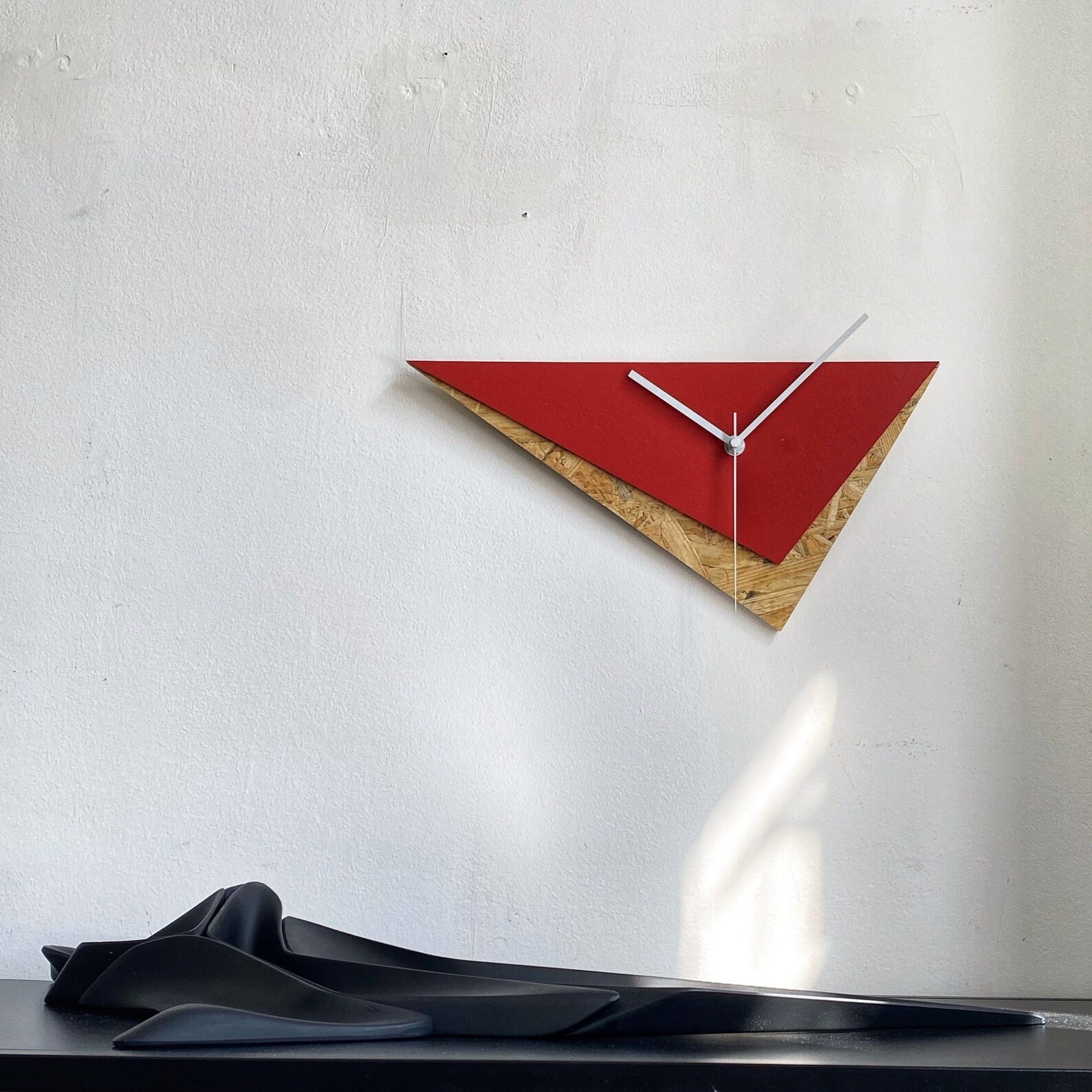 Red Triangle Wall Clock: Geometric Modernist Art, Handmade Linoleum ...