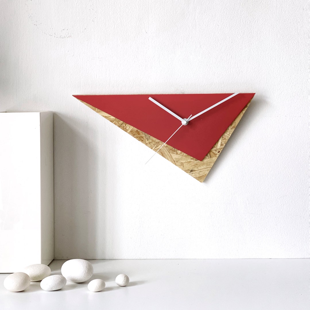 Red Triangle Wall Clock: Geometric Modernist Art, Handmade Linoleum ...