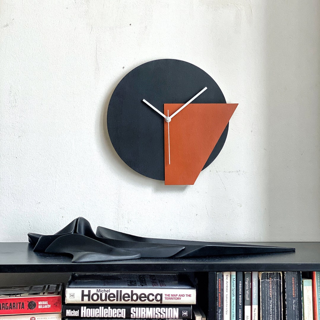 Abstract Wall Clock: Orange & Black Geometric Design, Handmade in ...