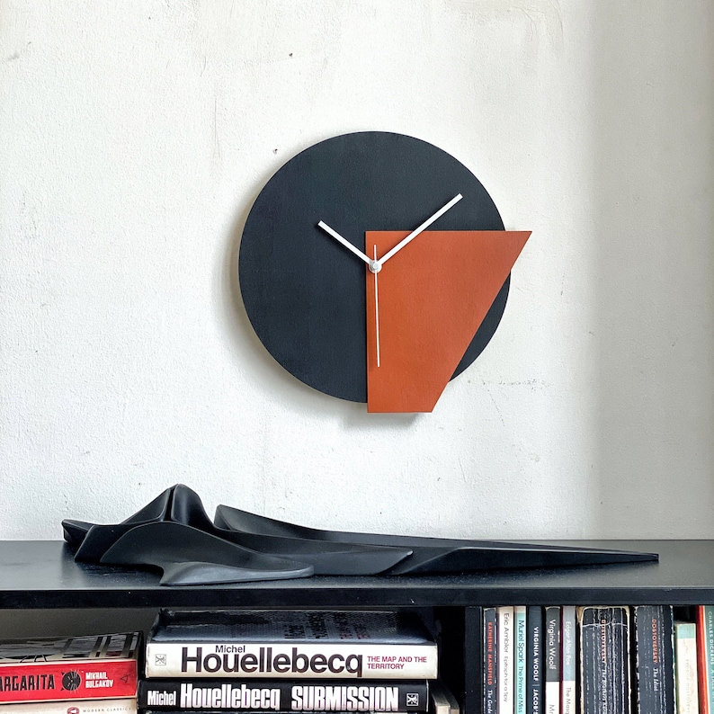 Abstract Wall Clock: Orange & Black Geometric Design, Handmade in ...