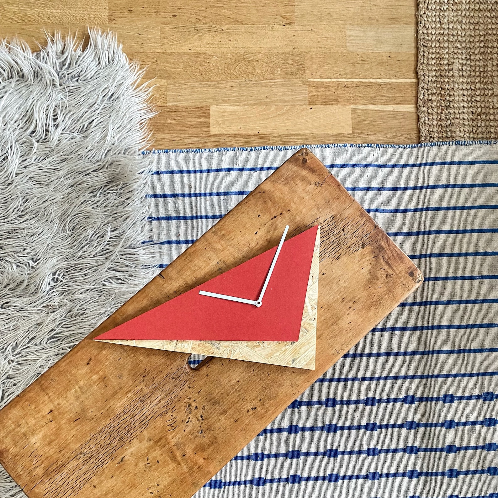 Red Triangle Wall Clock: Geometric Modernist Art, Handmade Linoleum ...