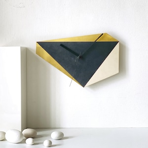 Golden Black and White Abstract Wall Clock: Handmade Mid-Century Minimalist Art Piece - Perfect Wedding Gift for Architects