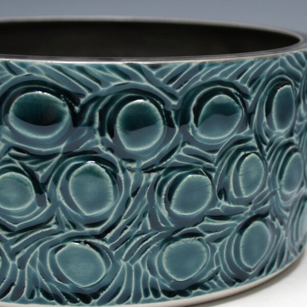 Teal and Charcoal Gray Carved Pottery Bowl