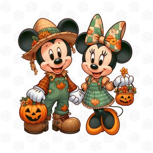 Pode incluir: Ilustração digital de Mickey e Minnie Mouse com roupas de outono. Mickey usa chapéu de palha e macacão, segurando uma abóbora. Minnie tem um vestido e laço xadrez, carregando uma cesta de abóbora. Fundo branco.