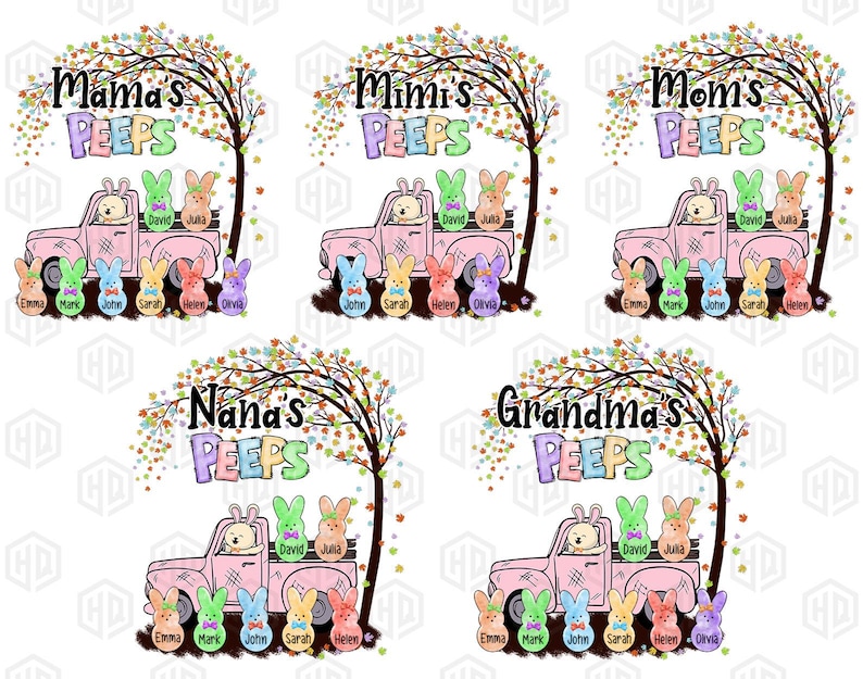 Peut inclure: Une illustration num&eacute;rique de cinq designs personnalis&eacute;s sur le th&egrave;me de P&acirc;ques mettant en sc&egrave;ne un camion pick-up rose avec un arbre et le texte "Mama's Peeps", "Mimi's Peeps", "Mom's Peeps", "Nana's Peeps" et "Grandma's Peeps". Chaque design comprend un camion avec quatre petits personnages en guimauve de couleur pastel dans la benne du camion et quatre autres petits personnages en guimauve debout devant le camion. Chaque petit personnage en guimauve a un nom &eacute;crit en dessous.
