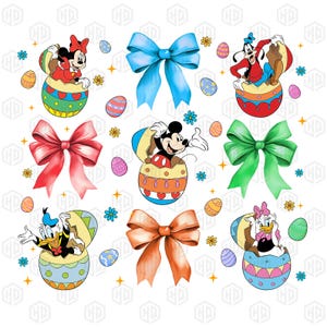 May include: A set of ten colorful Easter egg designs featuring various Disney characters, including Mickey Mouse, Minnie Mouse, Donald Duck, Goofy, and Daisy Duck. Each egg is decorated with a bow and a floral design.