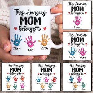 Benutzerdefinierte Bis zu 6 Kinder Handabdruck Mama 3D Aufgeblasene Becherverpackung, Mama 11 Unze Bechervorlage, Mama Hand 11 Unze Becher Png, Muttertag Kaffeetassen Png
