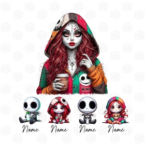 May include: Digital art featuring a woman with red hair and face paint, wearing a patchwork hoodie and holding a coffee cup. Below are four cartoon figures of characters from the movie "The Nightmare Before Christmas". Each figure has the word "Name" written below it.