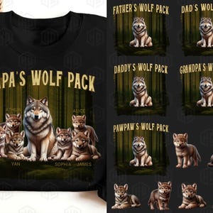 May include: Black sweatshirt with a wolf pack design. The text "PAPA'S WOLF PACK" is displayed above a wolf family illustration. Additional designs include "FATHER'S WOLF PACK", "DAD'S WOLF PACK", "DADDY'S WOLF PACK", "GRANDPA'S WOLF PACK", and "PAWPAW'S WOLF PACK".