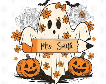 Retro Spooky Teacher Png, Halloween Cute Ghost Teacher Png, Teacher Boo Png, Teacher Ghost Png, Halloween Png, Custom Halloween Teacher Png