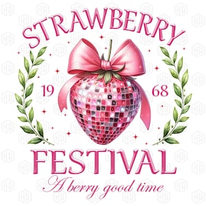 Retro Strawberry Disco Ball Png, Summer Vibes Png, Girls Trip Png, Pink Bow Png, 2025 Strawberry Festival Png, Feeling Berry Good Png