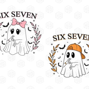 May include: Two Halloween-themed illustrations featuring ghosts. One ghost wears a pink bow and the other an orange cap. Both are surrounded by a wreath of leaves and bats, with the text "SIX SEVEN" above them.
