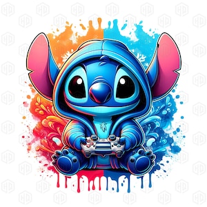 May include: A digital illustration of a blue cartoon character wearing a hooded sweatshirt and holding a video game controller. The character is set against a colorful splash background of orange, red, and blue. The character has large black eyes and large ears.