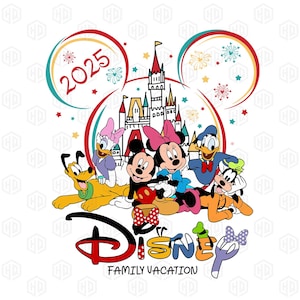 May include: A colorful graphic featuring Disney characters including Mickey and Minnie Mouse, Donald Duck, Goofy, Pluto, and Daisy Duck. The image includes a castle, the word "Disney", the text "Family Vacation", and the year "2025".