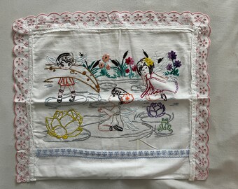 Hand-embroidered pillowcase with crocheted lace trim (Elves by the Water)