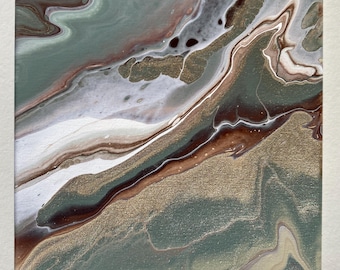Sage Horizon - 8x8 Original Acrylic Pour Painting,  Green Gold Marble Abstract Wall Art