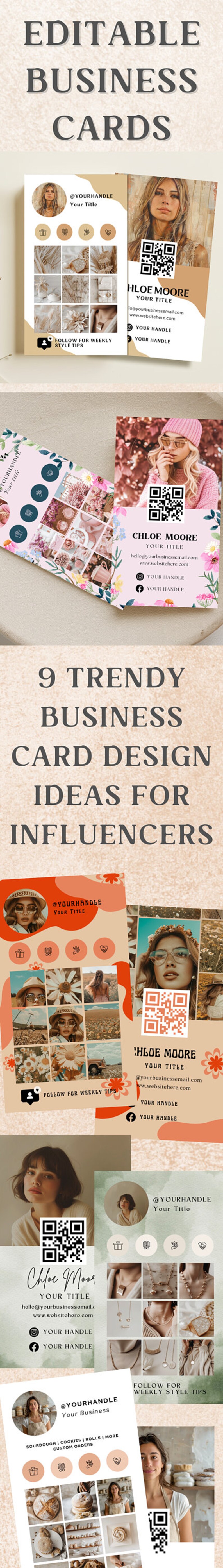 May include: Vertical image displaying business card design concepts. The cards feature influencer branding with photos, QR codes, and social media handles. Text includes "Editable Business Cards" and "9 Trendy Business Card Design Ideas for Influencers."