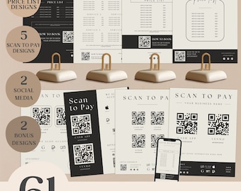 Editable Price List Template for Canva Minimalist Editable Scan to Pay Template Bundle Elegant Social Media QR Code Sign for Small Business